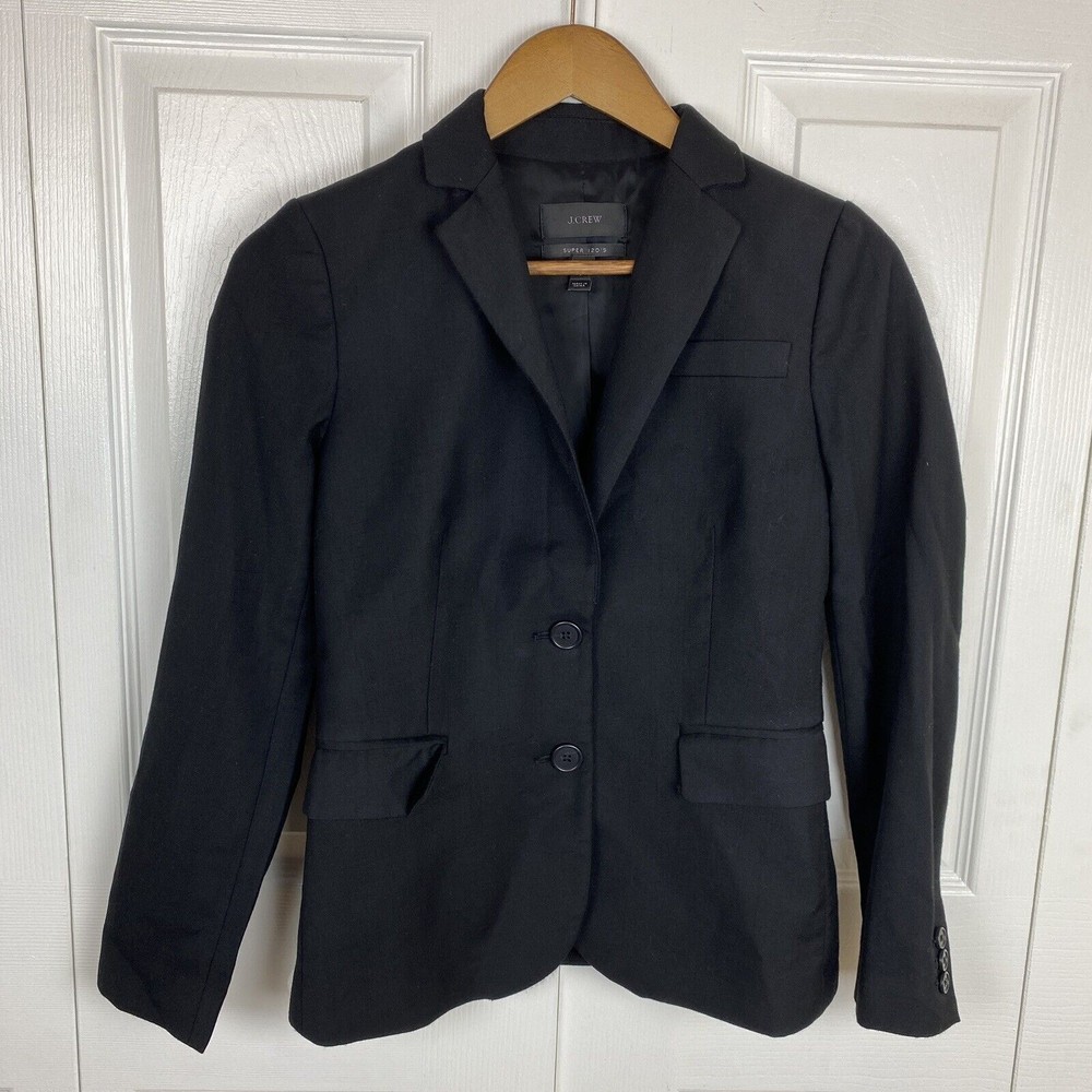 J.CREW Size 0 Super 120's Tollegno 100% Wool Blazer Jacket Black Single Breasted